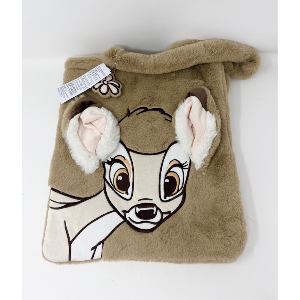 Disney Parks Bambi Faux Fur Tote Bag Tan Brown Plush Embroidered Character Tote